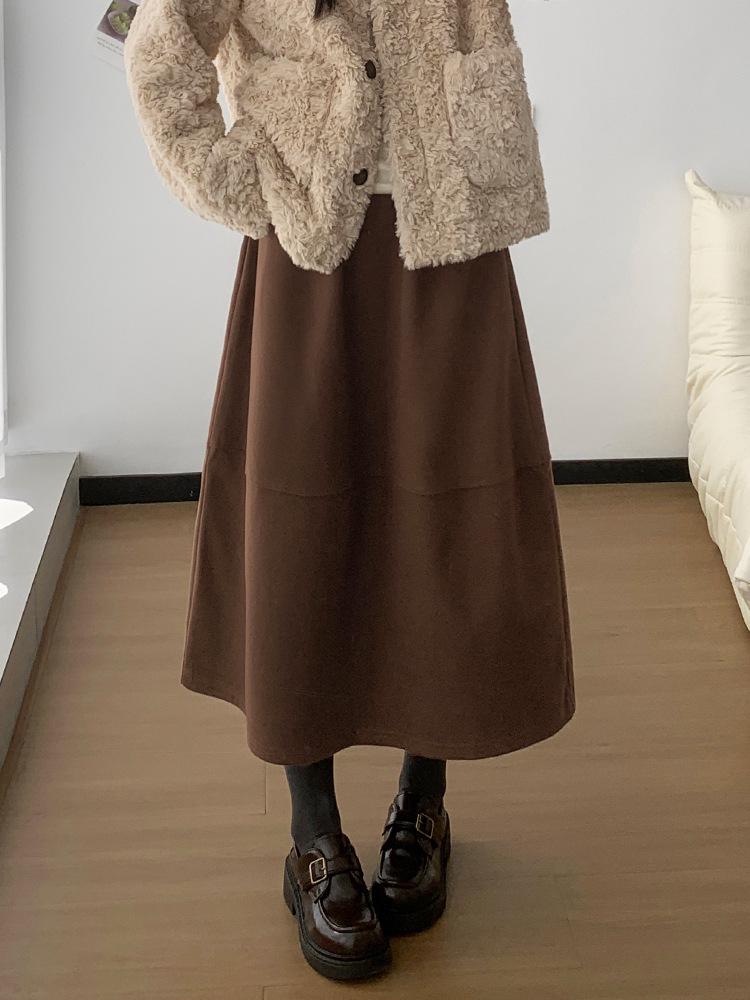 Women's Woolen Patchwork A-line High-waisted Skirt - Autumn/Winter, Slimming, Versatile, Mid-length Drape Design