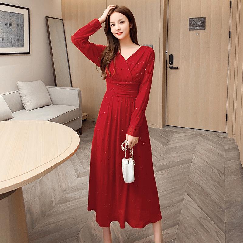 Elegant Hepburn Style Pleated Dress - Autumn Long Sleeve, Mid-Length, Tummy Covering Fairy Dress M