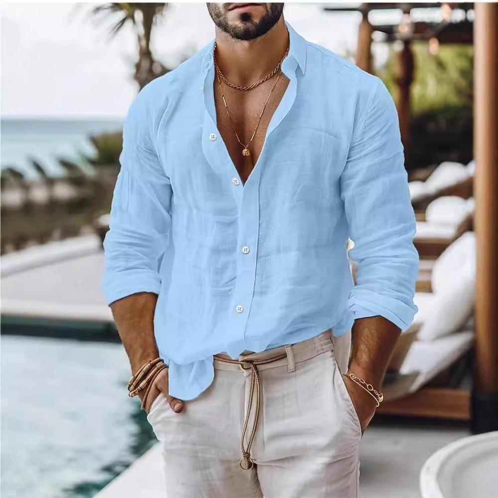Men's Solid-Colour Cotton-Linen Blend Shirt Casual Style Long-Sleeved Business Casual Shirt
