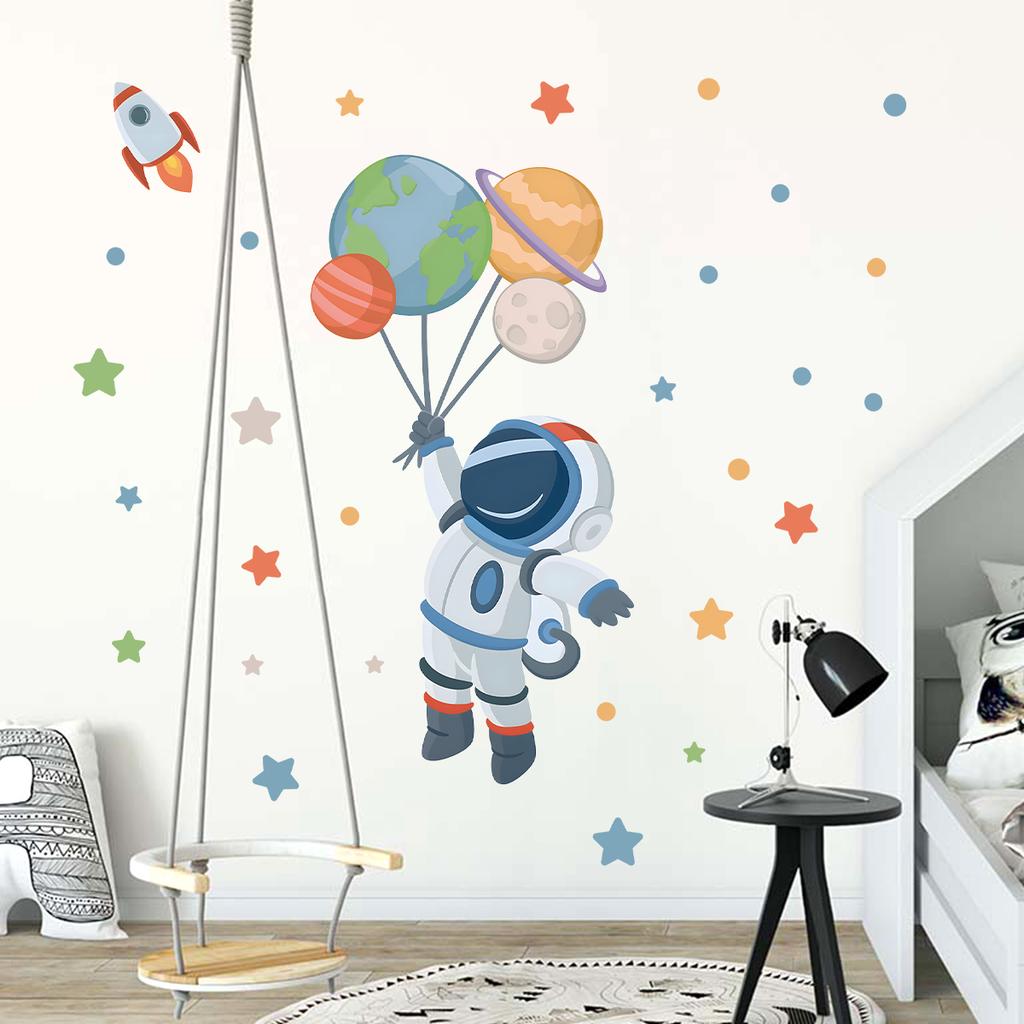 Cartoon Astronaut Planet Moon Star Wall Stickers for Kids Room Background Bedroom Decoration Living Room Home Decor Wall Decal