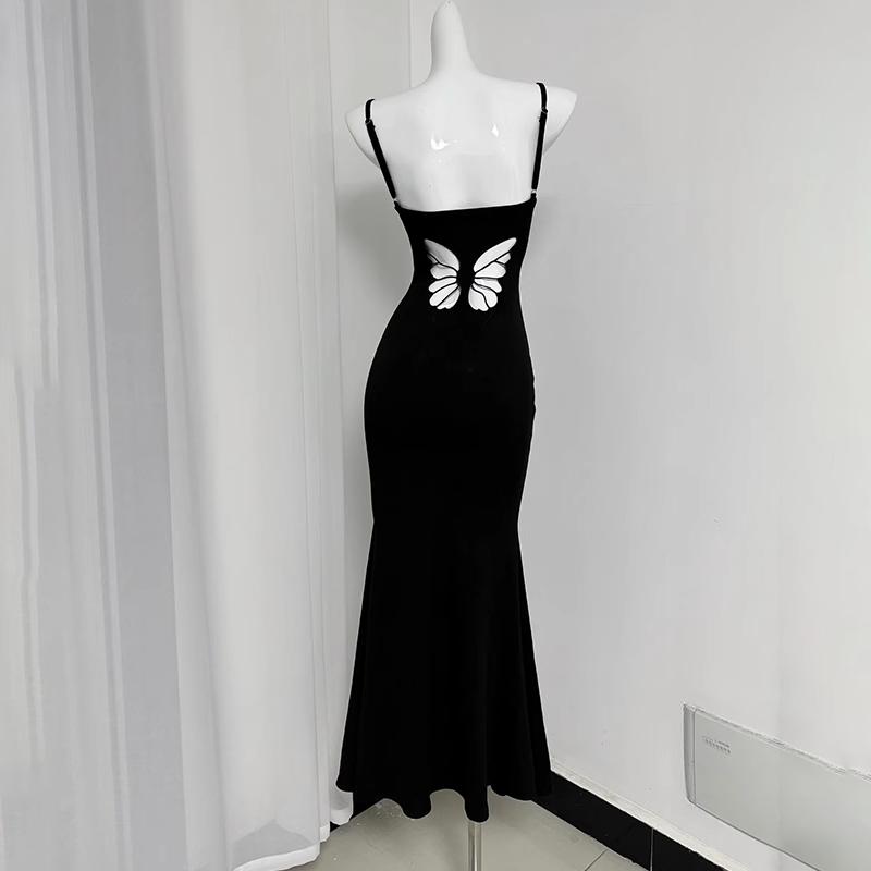 Rochie Maxi Neagră Roșie Femei Elegantă Hot Girl Hollow Butterfly Retro Bretele Rochie fără mâneci Femei Talie Sexy Fată Rochie lungă