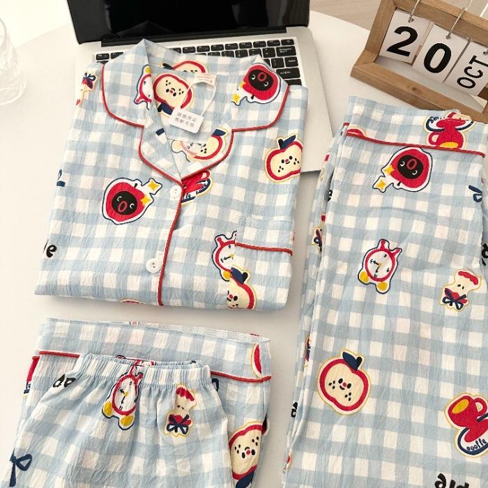 Polka Dot KT Cloud Cotton Pajamas Women's Three-piece Summer Short-sleeved Shorts Trousers Cardigan Student Large-size Loungewear