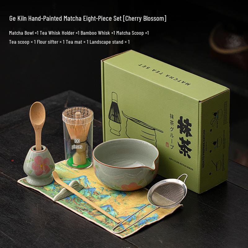 Hand-Painted Ceramic Matcha Set: Ge Kiln Crackle Tea Bowl, Tea Whisk, and Stand - Inspired by Song Dynasty Tea Ceremony Tools (8-Piece)