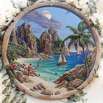 Tropical Beach Scenery Wooden Sign Set, Wooden Wall Art, Door Hanger, Round Decorative Wreath Signs, Palm Trees and Boats