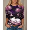 Women's T-shirt 3D Bell Kitten Print Fashion Long Sleeve Round Neck Regular Top Holiday Weekend Spring and Autumn