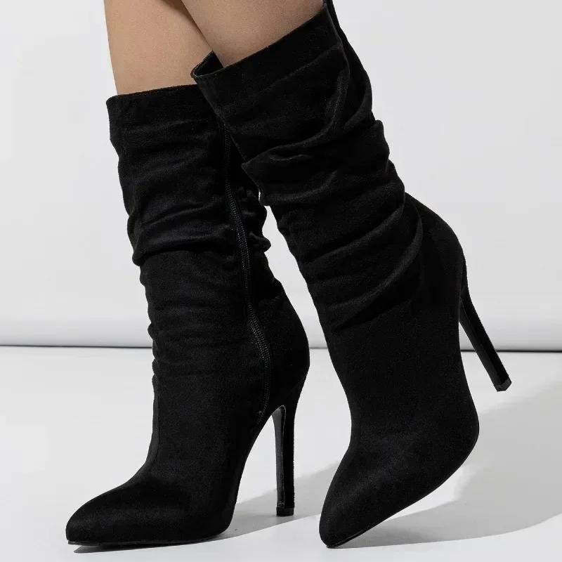 2024 Autumn New Zipper Ankle Boots Women Fashion Pleated Pointed Stilettos Prom Party Chelsea Shoes Short Boots Botas Mujer
