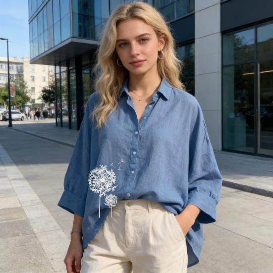 Women Shirt Lapel Buttons Half Placket Batwing Long Sleeve Shirt Tops Loose Fit A-Line Dandelion Print Casual
