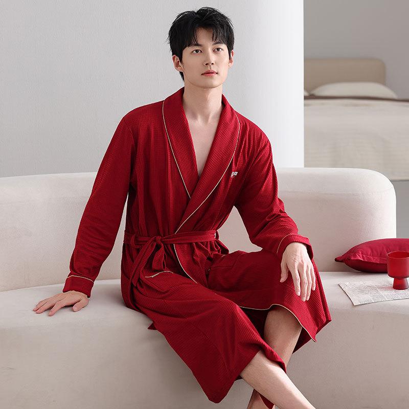 Couple Nightgown Women'S Spring And Autumn Pure Cotton Long-Sleeved Bathrobe Red Men'S Pajamas Couple Outfit