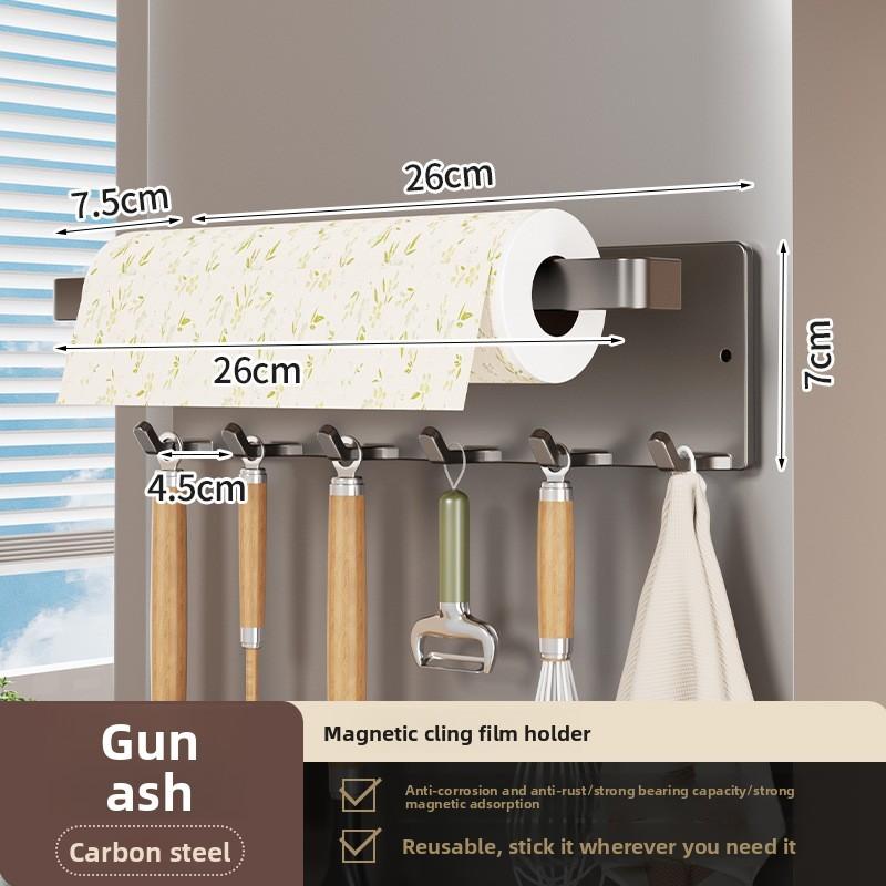 Magnetic Paper Towel Holder With Hooks For Kitchen Storage And Refrigerator Side Mounting