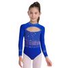Girls Dance Bodysuit Long Sleeve Rhinestone Leotard with Back Zipper & Cutout for Performance