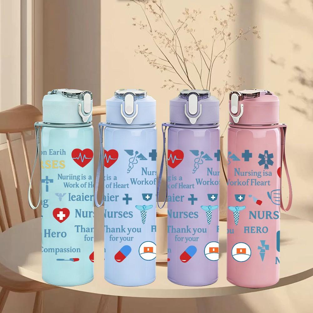 1PC Nurse Quote Heart Pattern 750ml Color Plastic Sports Water Bottle Leakproof Flip Straw Lid Suitable for Sports Office Home Use