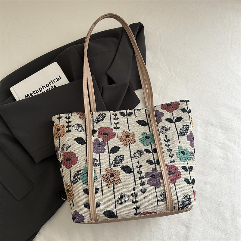 Leaves Flower Print Vintage Large Bag With Zipper Closure For Daily Use Women Fashion