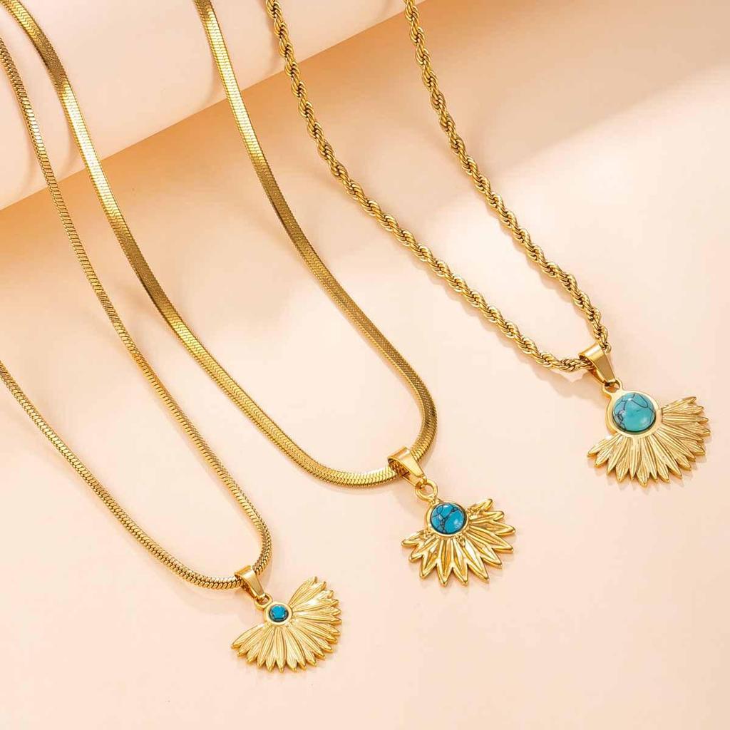Golden Fan-Shaped Turquoise Stainless Steel Necklace - European & American Retro High-End Jewelry
