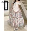 Korean Style Spring Summer Women Midi Ruffles Skirt Apricot Colorful Print Tiered Skirt Elegant Feminine Beading Party Princess Skirts Womens