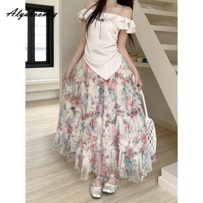 Korean Style Spring Summer Women Midi Ruffles Skirt Apricot Colorful Print Tiered Skirt Elegant Feminine Beading Party Princess Skirts Womens