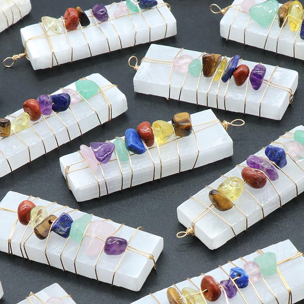Natural Raw Selenite Blade with 7 Chakra Chip Stones Wire Wrapped Healing Crystals Specimen Hanging Ornament