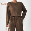 2 Teile/satz Frauen Top Hosen Anzug O Hals Lange Ärmel Einfarbig Sport Sweatshirt Kordelzug Elastische Taille Breite Bein Hosen Fitness Outfit Herbst Frühling