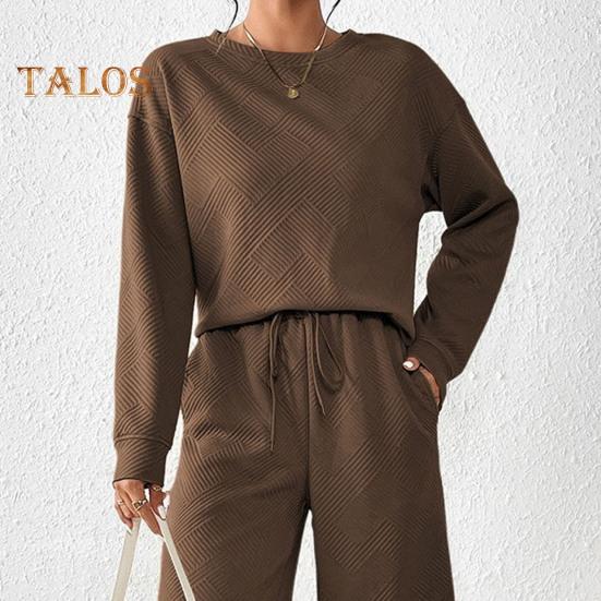 2 Teile/satz Frauen Top Hosen Anzug O Hals Lange Ärmel Einfarbig Sport Sweatshirt Kordelzug Elastische Taille Breite Bein Hosen Fitness Outfit Herbst Frühling