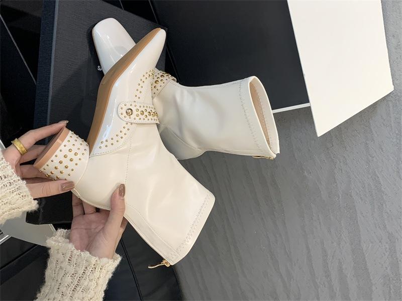 Weißes Mondlicht~ Quadratkopfniete Reißverschluss hinten Mittelschaft Elastische Stiefel Damen Skinny Kurzstiefel
