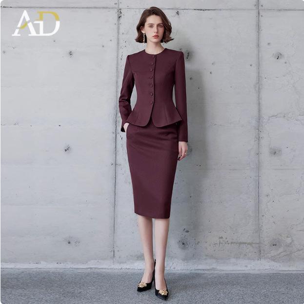 AD Ancora Women's Red Slim-Fit Round Neck Suit Jacket and Skirt Set - High-End Socialite Style for Professional Commute