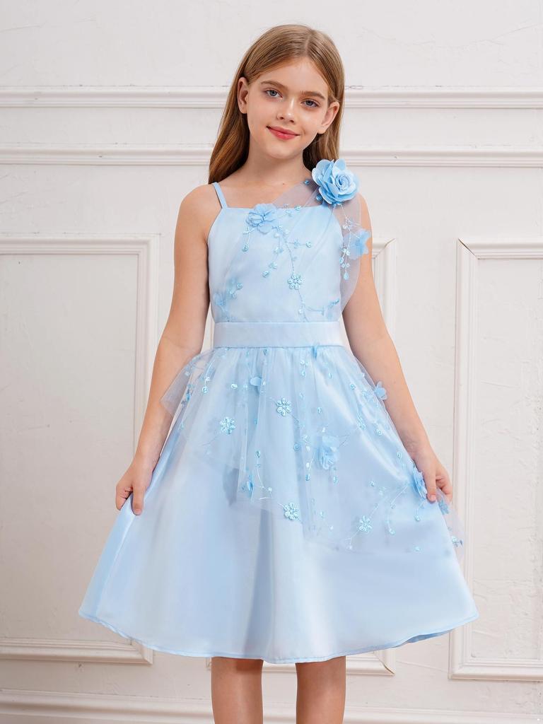 Sukienka tiulowa dla dziewczynki na urodziny, z dżetami, na wesele, na przyjęcie, dla dzieci, niebieska, elegancka, szykowna, kokarda, halter, bez rękawów, suknia wieczorowa