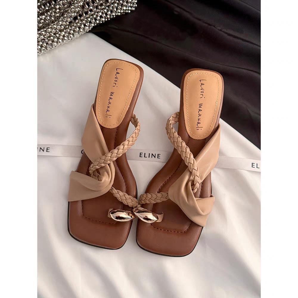 Slope heel soft-soled slippers women's summer new set of toe-woven one-word slips holiday beach sandals