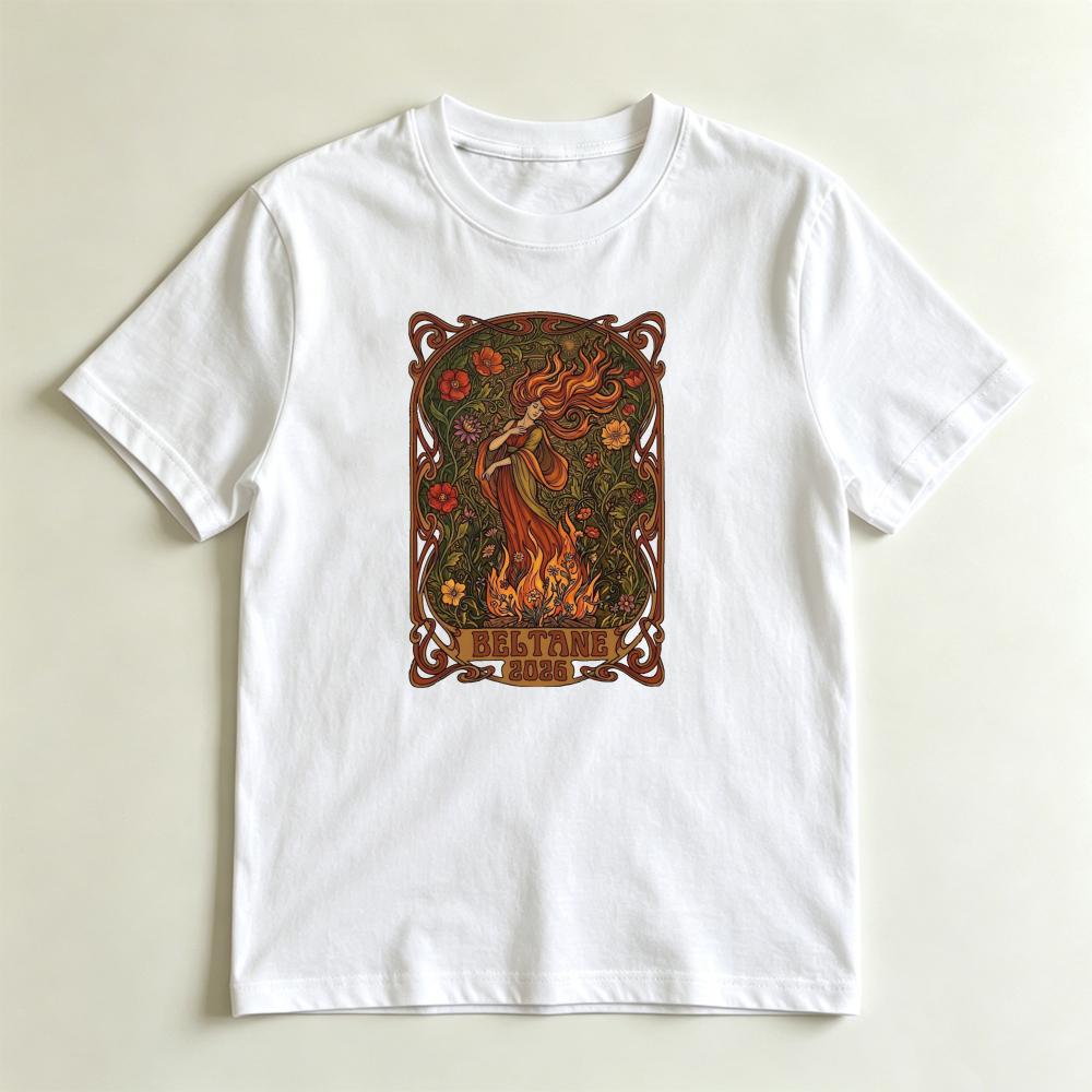 Vintage Art Nouveau Beltane TShirt Pagan Fire Festival Goddess Graphic Tee Witchy Floral Nature Inspired Casual Unisex Shirt