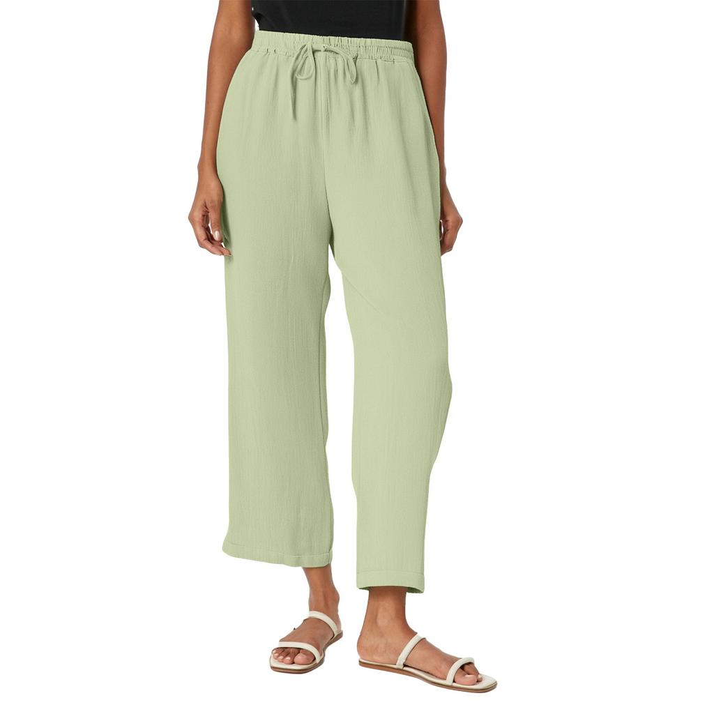 Dámské jednobarevné bavlněné a lněné kalhoty s kapsami a elastickým pasem, volnočasové kalhoty