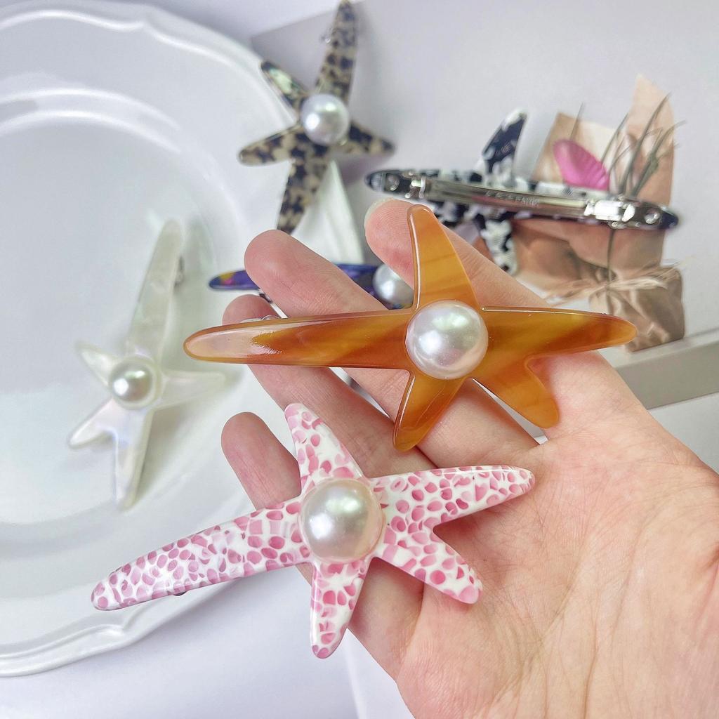 High Quality Starfish Pearl Spring Clip Simple Temperament Acetate Hairpin Star  Top Clip Side Clip Women's Hair Accessories