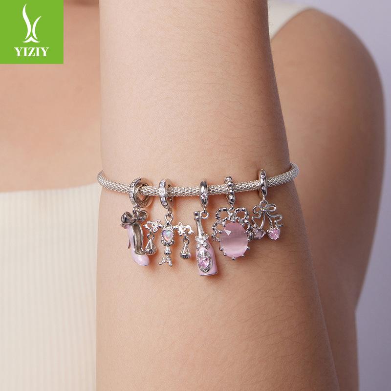 Romantic Pink Champagne S925 Sterling Silver Pendant Accessories Sweet Cool Versatile Diy Charm Beads