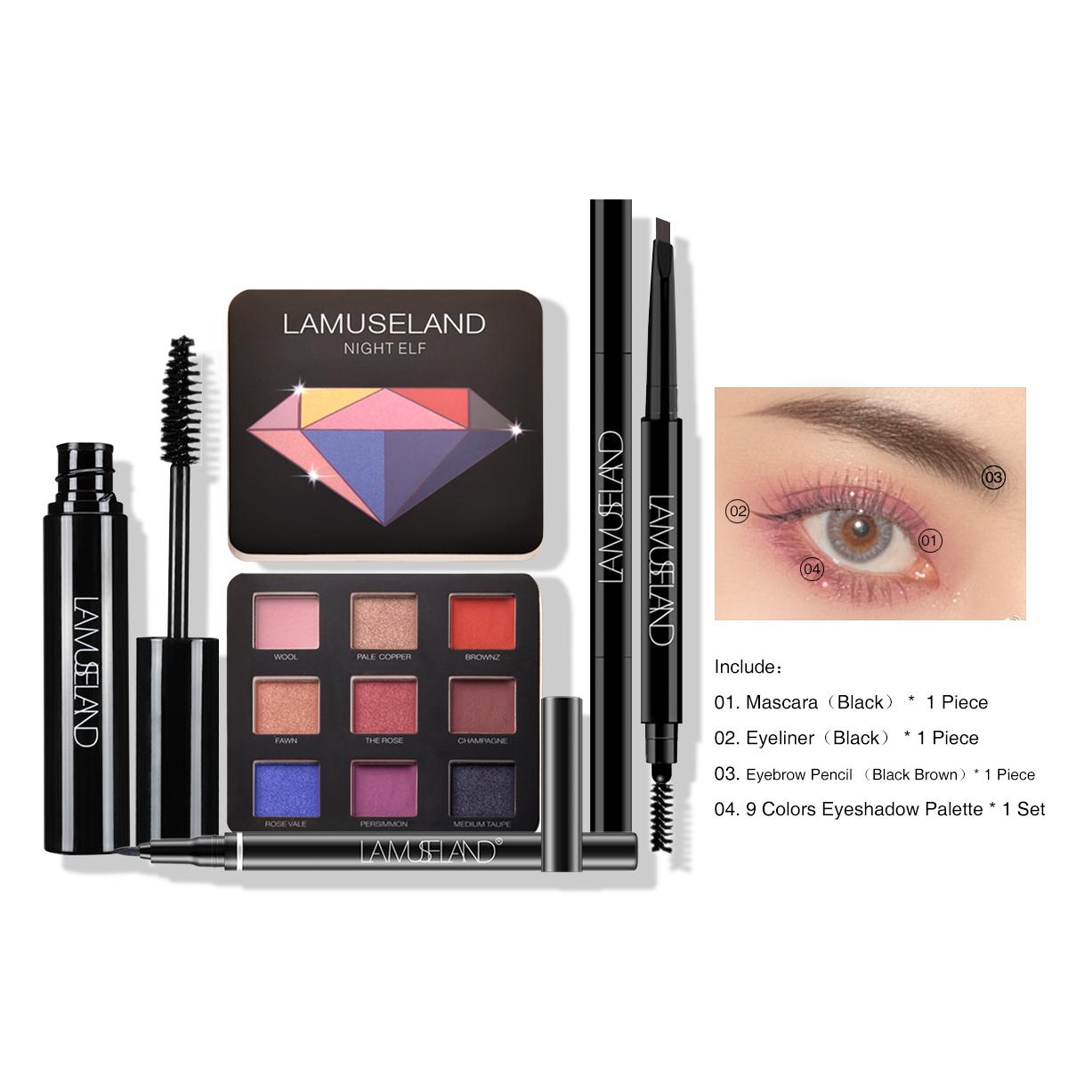 

LAMUSELAND 4 шт./компл. набор для макияжа глаз тушь + подводка для глаз + карандаш для бровей + палитра теней для век