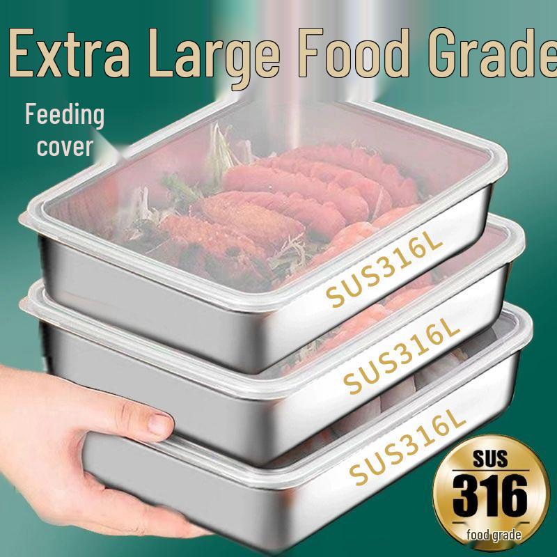 

316L Stainless Steel Food Storage Container with Lid - Square Tray for Refrigerator, Steaming, Baking, BBQ, Cold Dishes, and Fruit Platter. 13x10x5.5 without lid - 1 piece