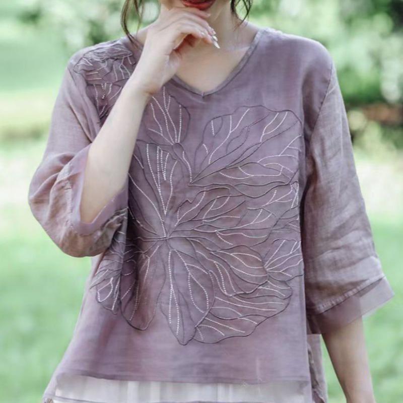 Koreańska Elegancka Letnia Damska Gładka Dekolt V Haftowana Muślinowa Modna Do Pracy Wszechstronna Rękaw Trzy Czwarte Luźna Szyfonowa Koszula Bluzki