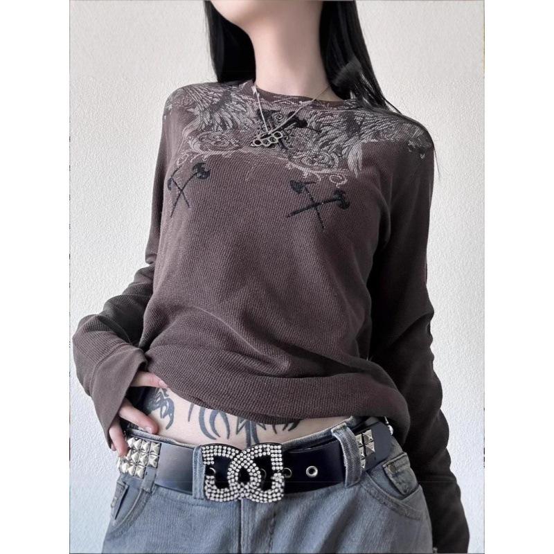 Cross-border vintage feather wing print foreign trade European and American printed crew neck elegant commuter long-sleeve women