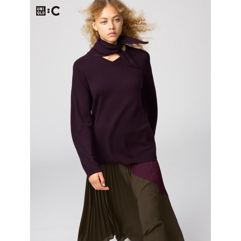 Uniqlo Cashmere Relaxed V Neck Sweater With Scarf