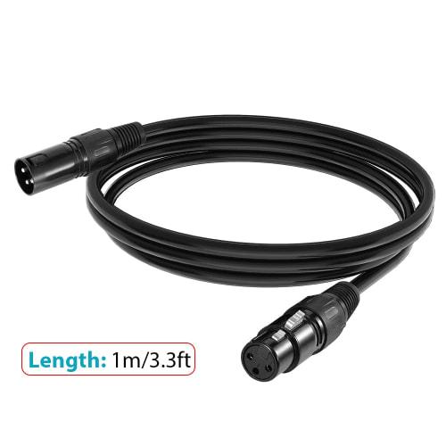 Juspins 1M/3.3ft XLR Cable DMX Stage Light Cable with 3-Pin XLR Male to Female Plug Black PVC Jack for Moving Head Lights, Spotlights, Par Lights, Mic