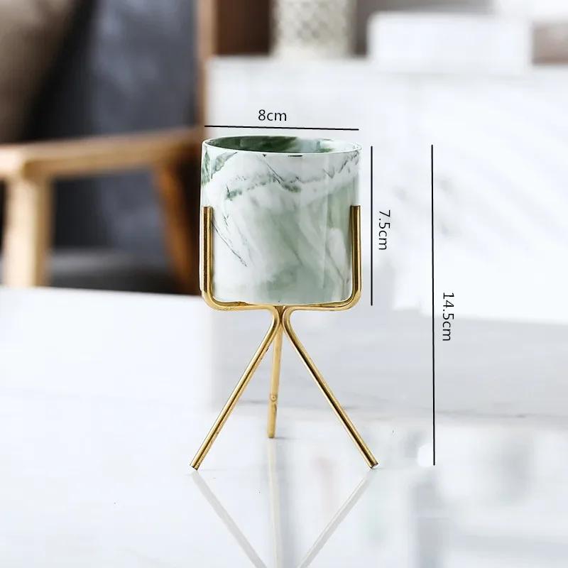 Nordic Ceramic Iron Art Marble Vase Pattern Rose Gold Green Table Plant Pot For Home Office Vases Decor Succulent Flower Pot