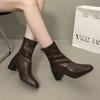 Korean Minimalist Thick Heel Thin Boots 2025 Autumn and Winter New Square Head Rear Zipper High Heel Short Boots Women's Soft Leather Single Boots