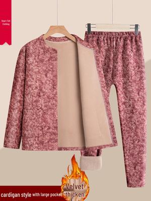Mom's Fleece-Lined Winter Underwear Set: Cozy Autumn Wear for Middle-Aged and Elderly Women