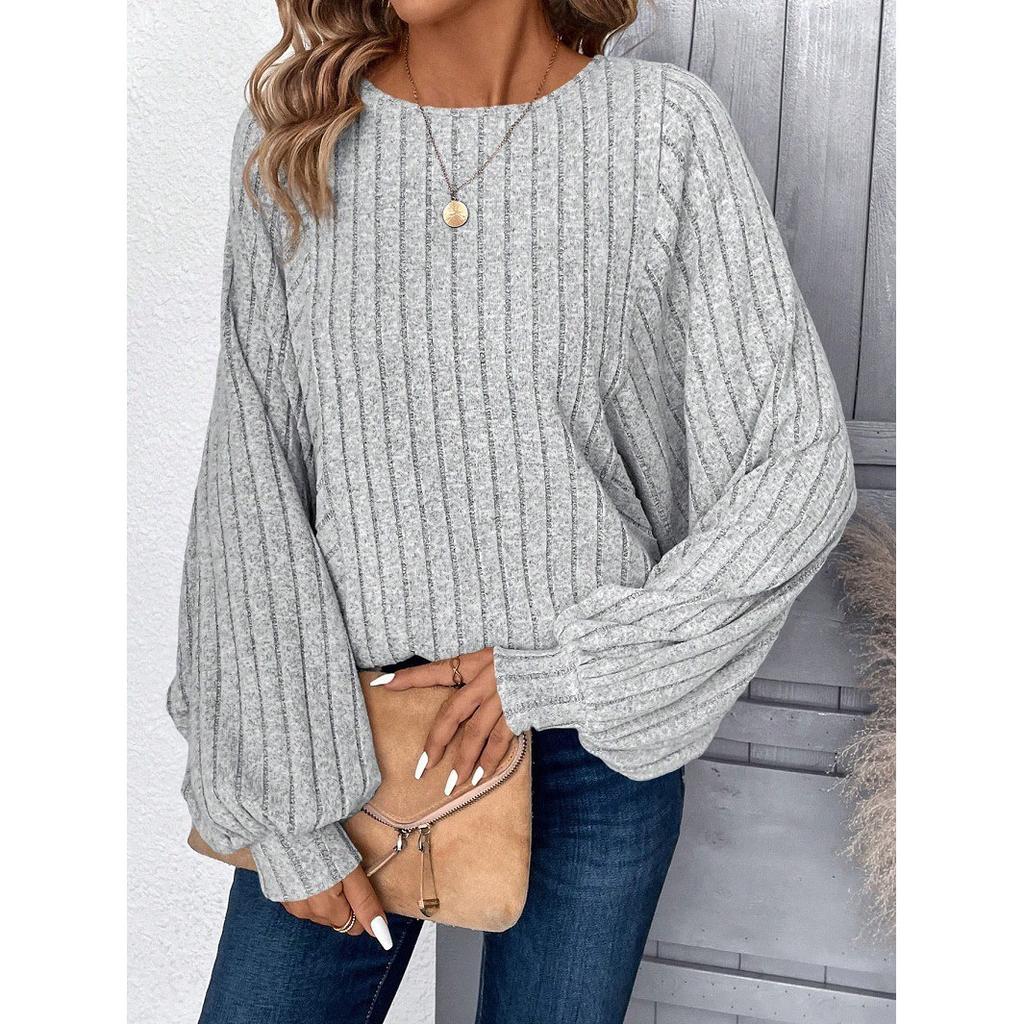 Autumn and Winter Fashion Women's Plus Size Comfortable Sweater Pullover Women's Casual Solid Color Lantern Sleeve Top