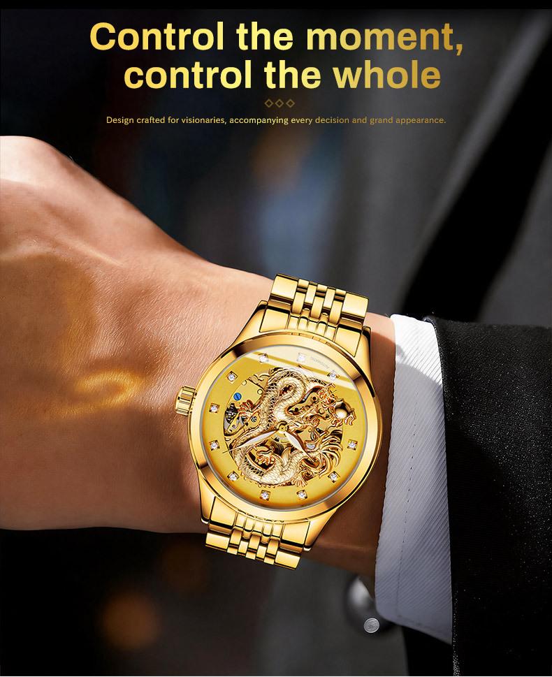 NARY Gold Dragon Waterproof Stainless Steel Skeleton Automatic Watch 18028.