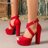 Svarta Röda Mockaläder Dam Peep Toe Plattformsandaler Mode Ankelkorsrem Klänningsskor Eleganta Dam Tjock Klack Sandal