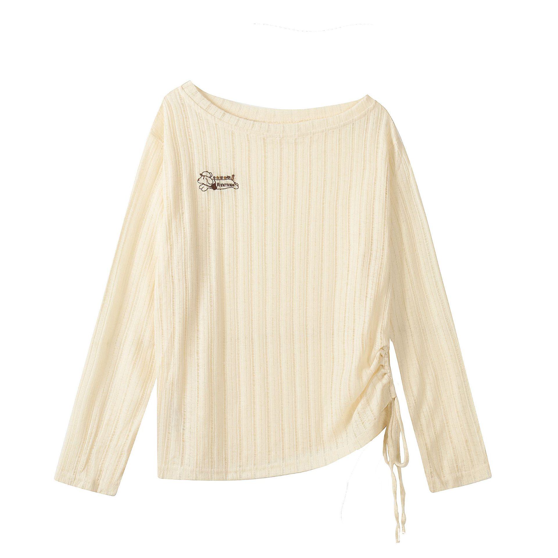 

Chinese Sausage Dog Embroidered One-Shoulder Knit T-Shirt, Women s Korean Style Slimming Sheer Long Sleeve Cardigan Top Small абрикосовый