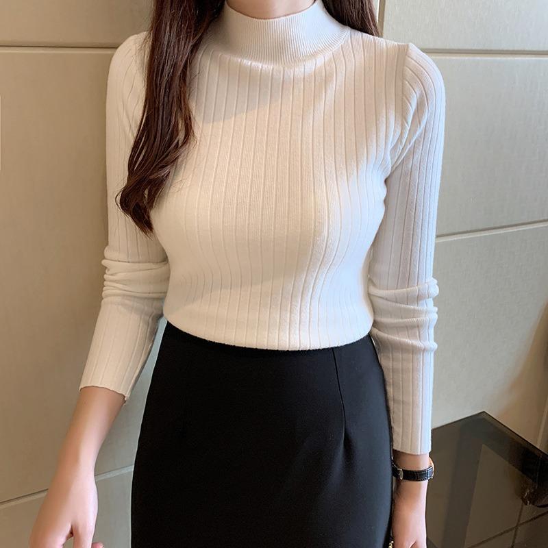Women Autumn Winter Half High Collar Ribbed Knitted Sweater Solid Color Long Sleeve Slim-fit Pullovers