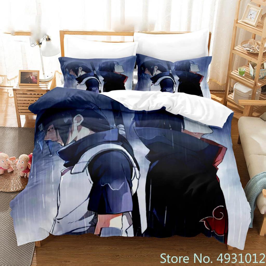 Anime Uchiha N-Naruto Uzumaki Red Cloud Bedding Sets Household Quilt Duvet Cover Itachi Home Textile Bed Suit Children Kids Gift