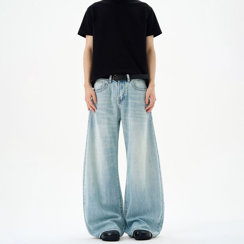 

Kisko Simple Retro Washed Blue Cleanfit Jeans Unisex Basic Loose Straight Scimitar Pants Blue 2XL