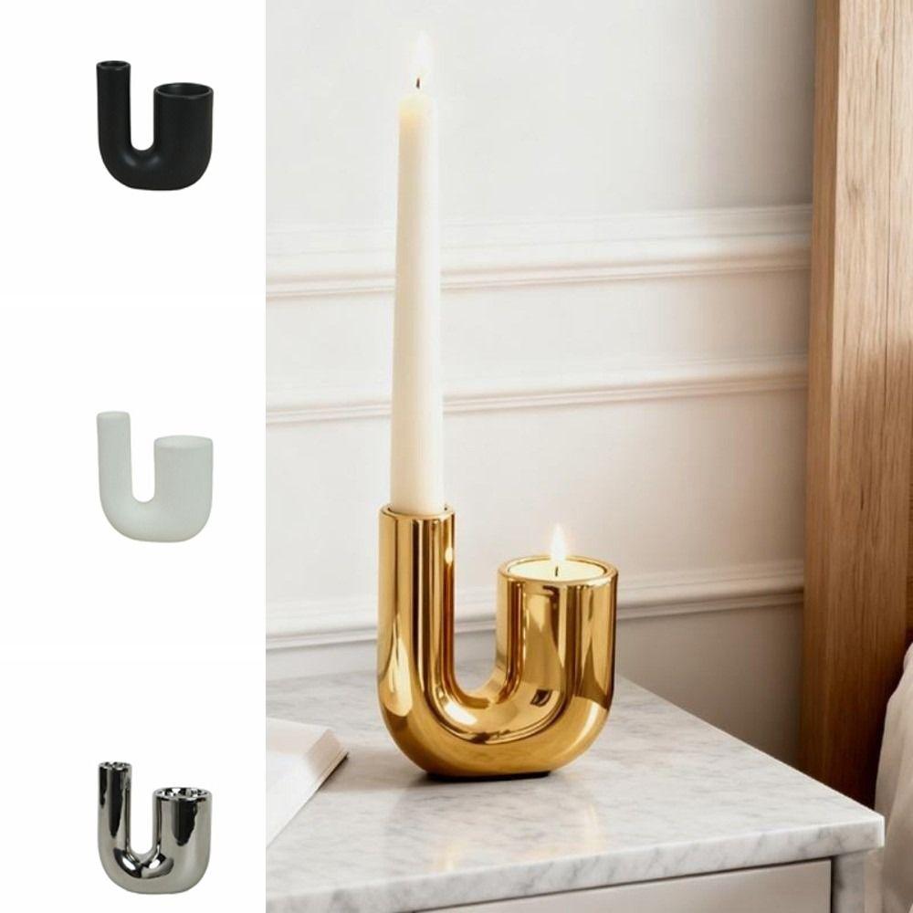 Modern U-shaped Ceramic Candle Holder Romantic Electroplating Silver Candle Stand Light Luxury Candlestick Holder Office