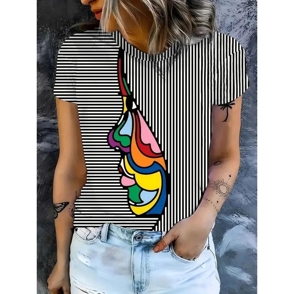 Fashion Women's Striped Printed Top Casual Loose Short Sleeves Comfortable Breathable T-Shirts Women’s