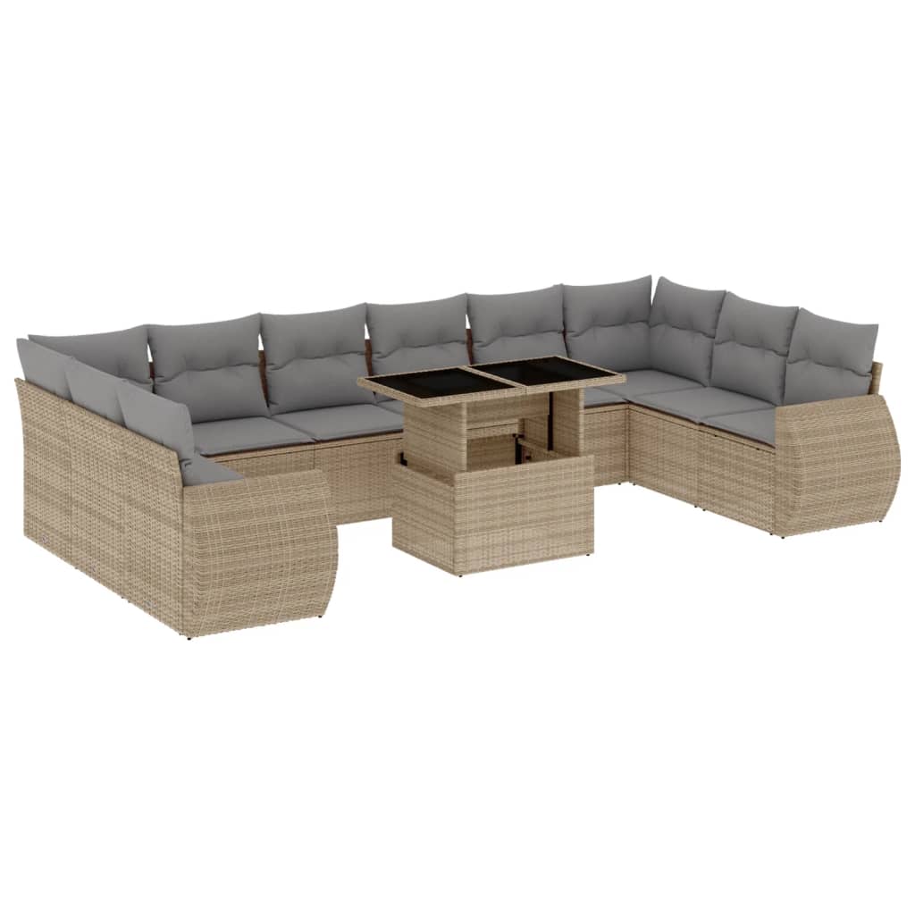 Vidaxl 11-Cz. Garden Furniture Set With Cushions, Beige, Poly Rattan
