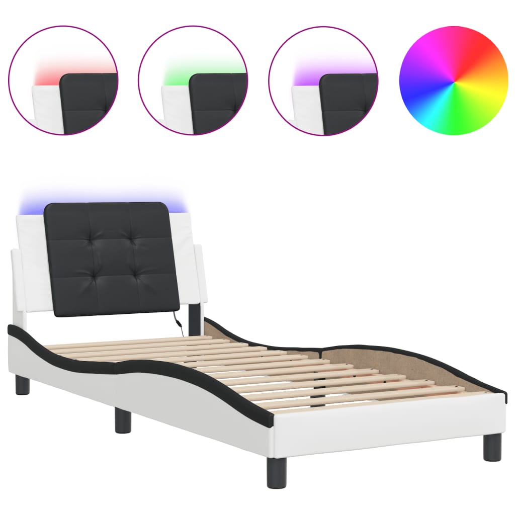 Vidaxl LED Bed Frame, White-Black, 90X190 Cm, Faux Leather